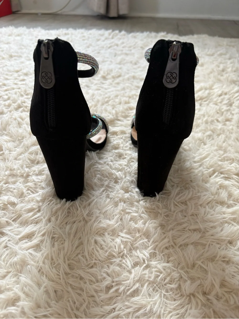 Daisy Fuentes Black Suede Block Heels with Crystal Straps